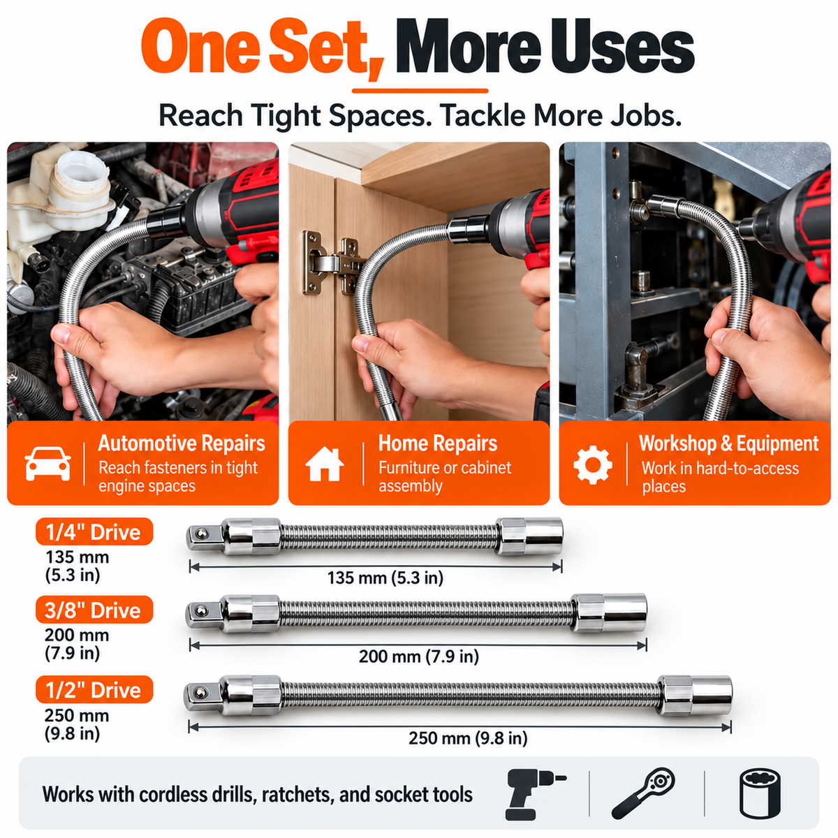 3-Piece Flexible Socket Extension Set