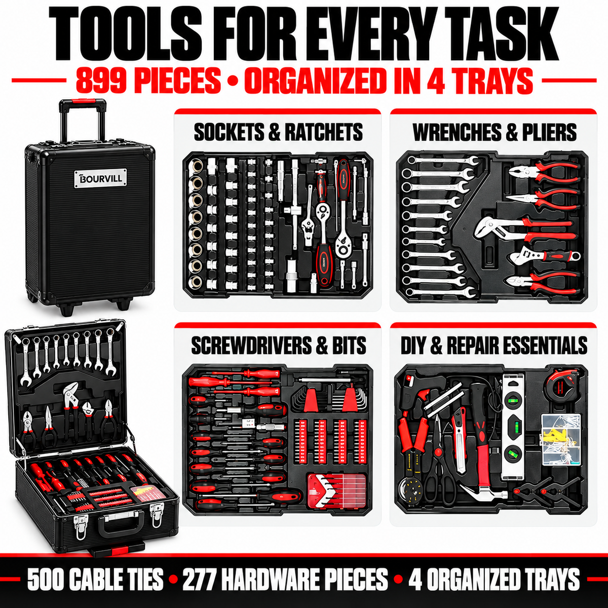 899-Piece DIY Tool Set with Wheeled Case