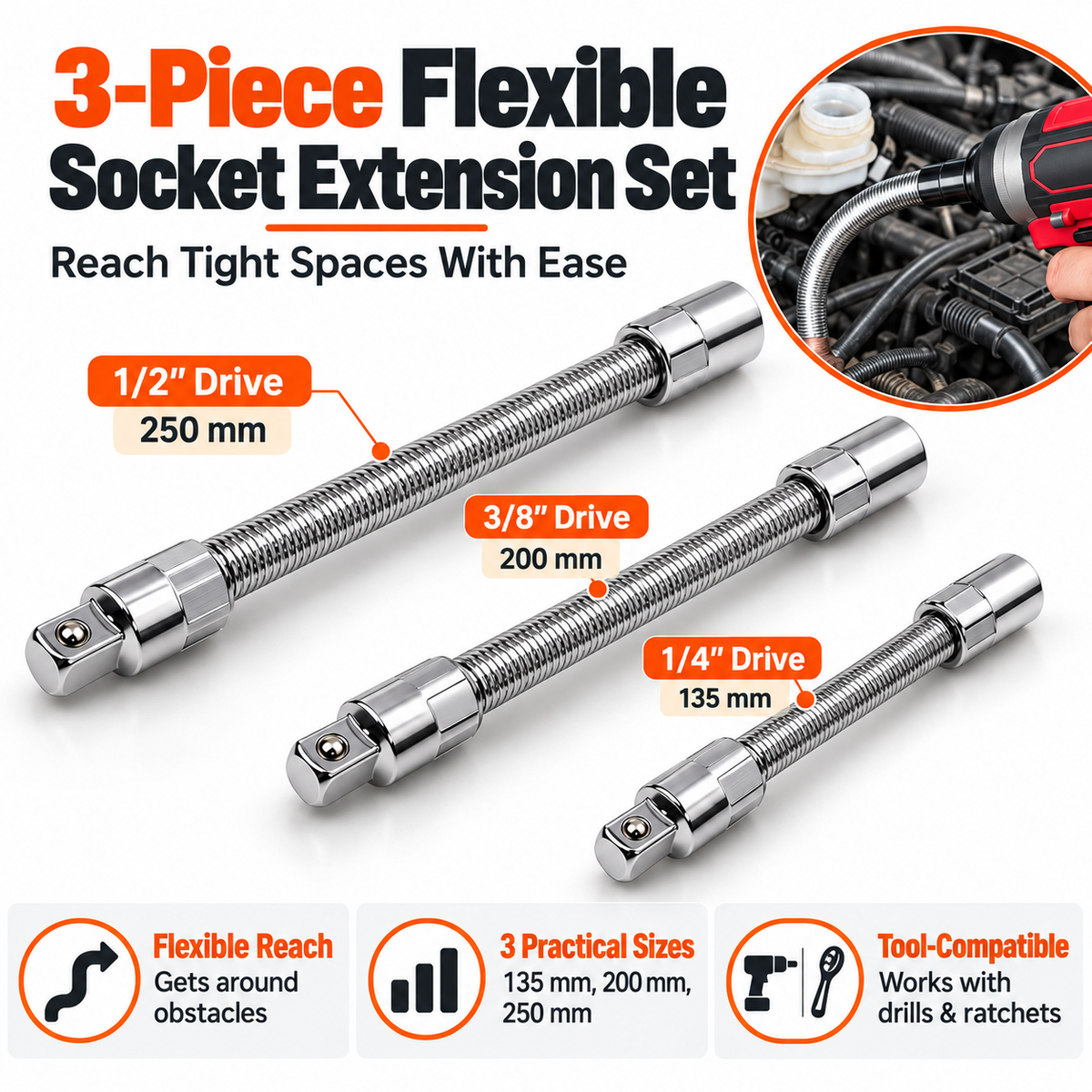 3-Piece Flexible Socket Extension Set